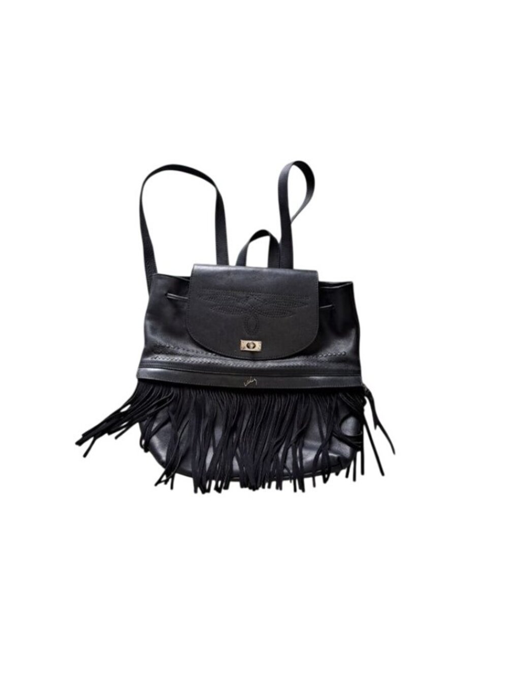 Valez Black Fringe Leather Backpack Embroidered Flap  Turn-Lock Closure Large